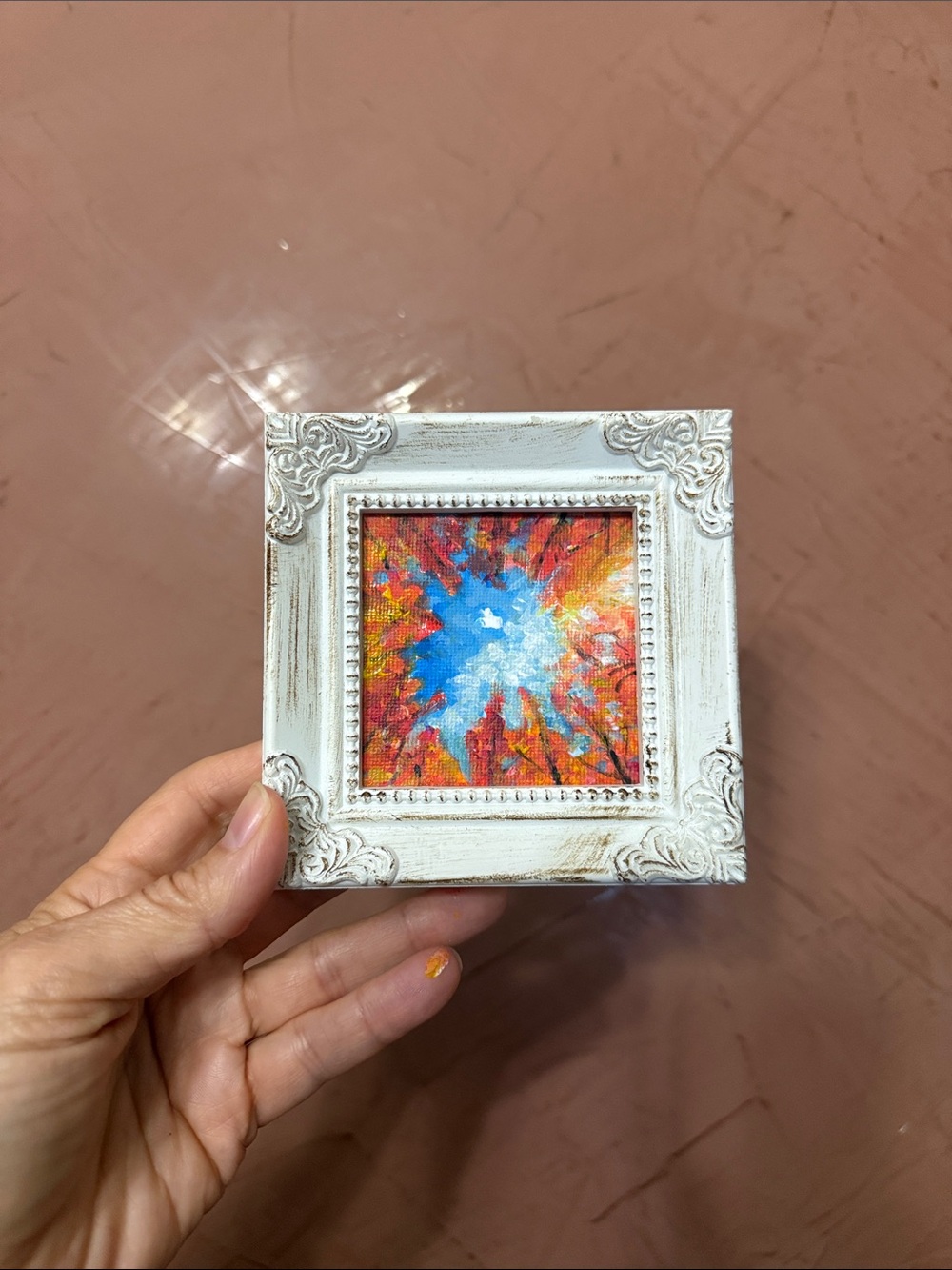 Handmade Mini Wall Art in Blue and Orange - White Frame